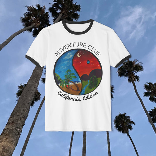 Adventure Club Ringer Tee - Unisex Cotton T-Shirt for Nature Lovers, Perfect for Summer Festivals, Casual Outings, Travel.